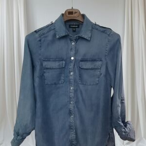 bebe Washed Blue Denim-Style Button Down Shirt